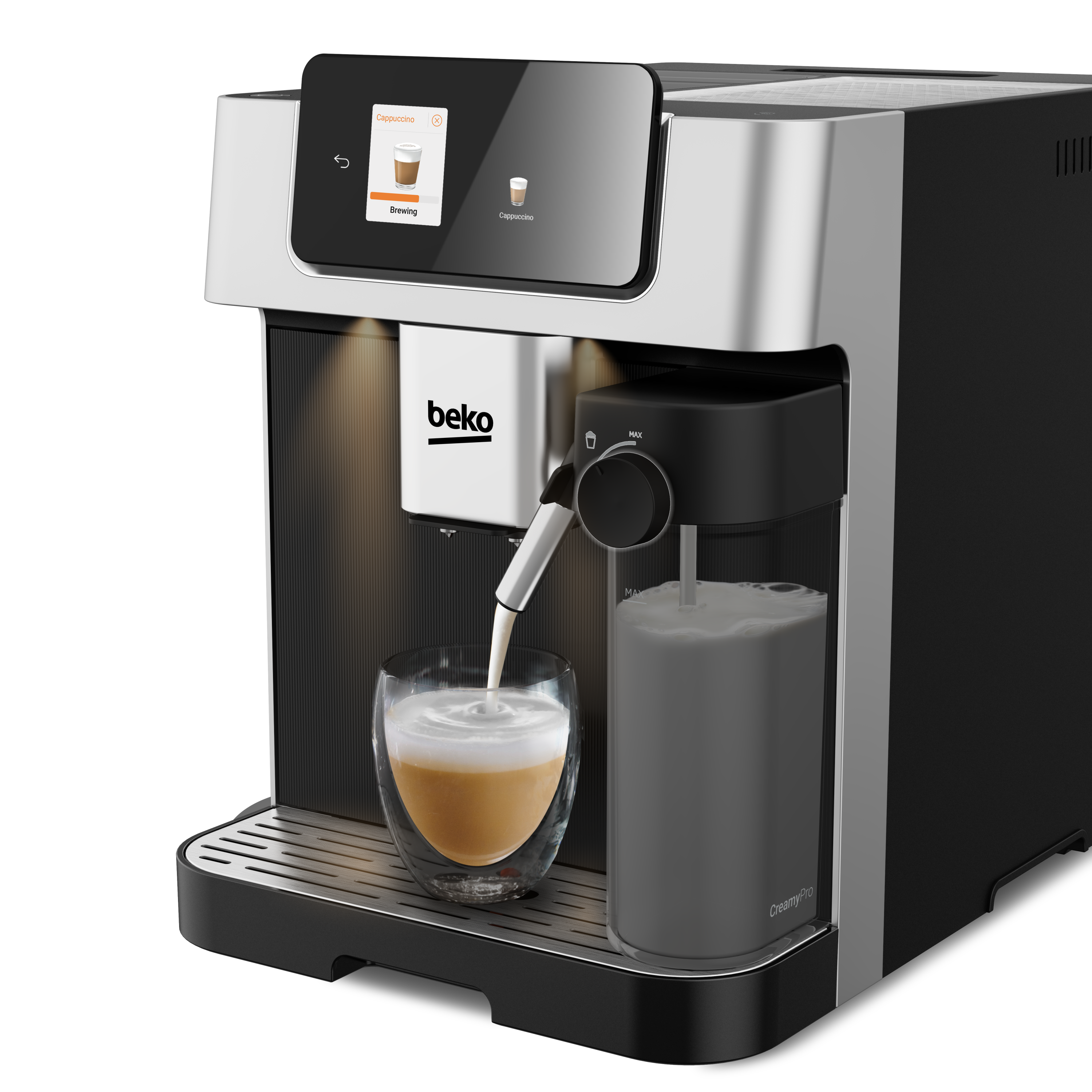 Side view of Beko CEG7348X CaffeExperto Bean to Cup Espresso Machine