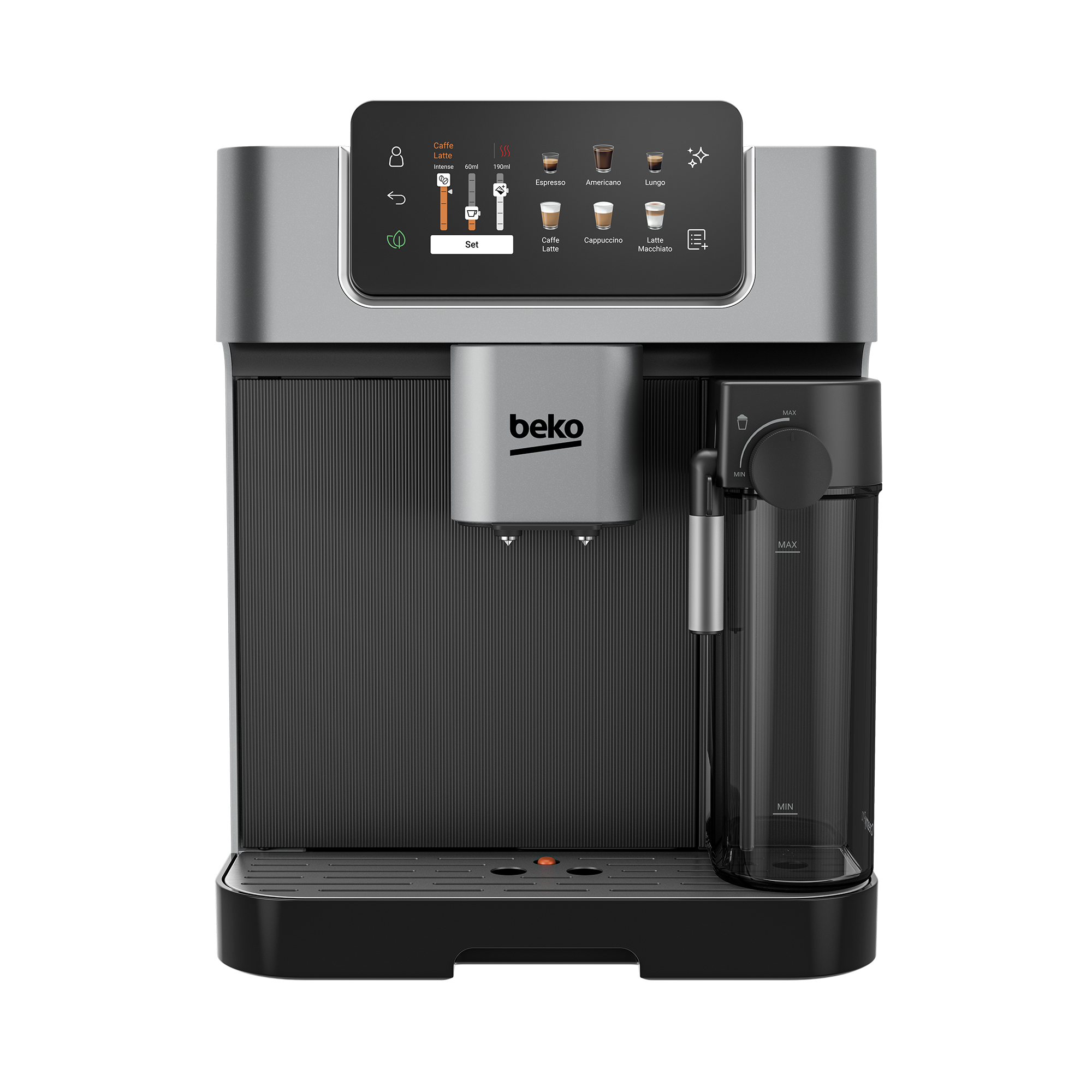 Side view of Beko CEG7348X CaffeExperto Bean to Cup Espresso Machine