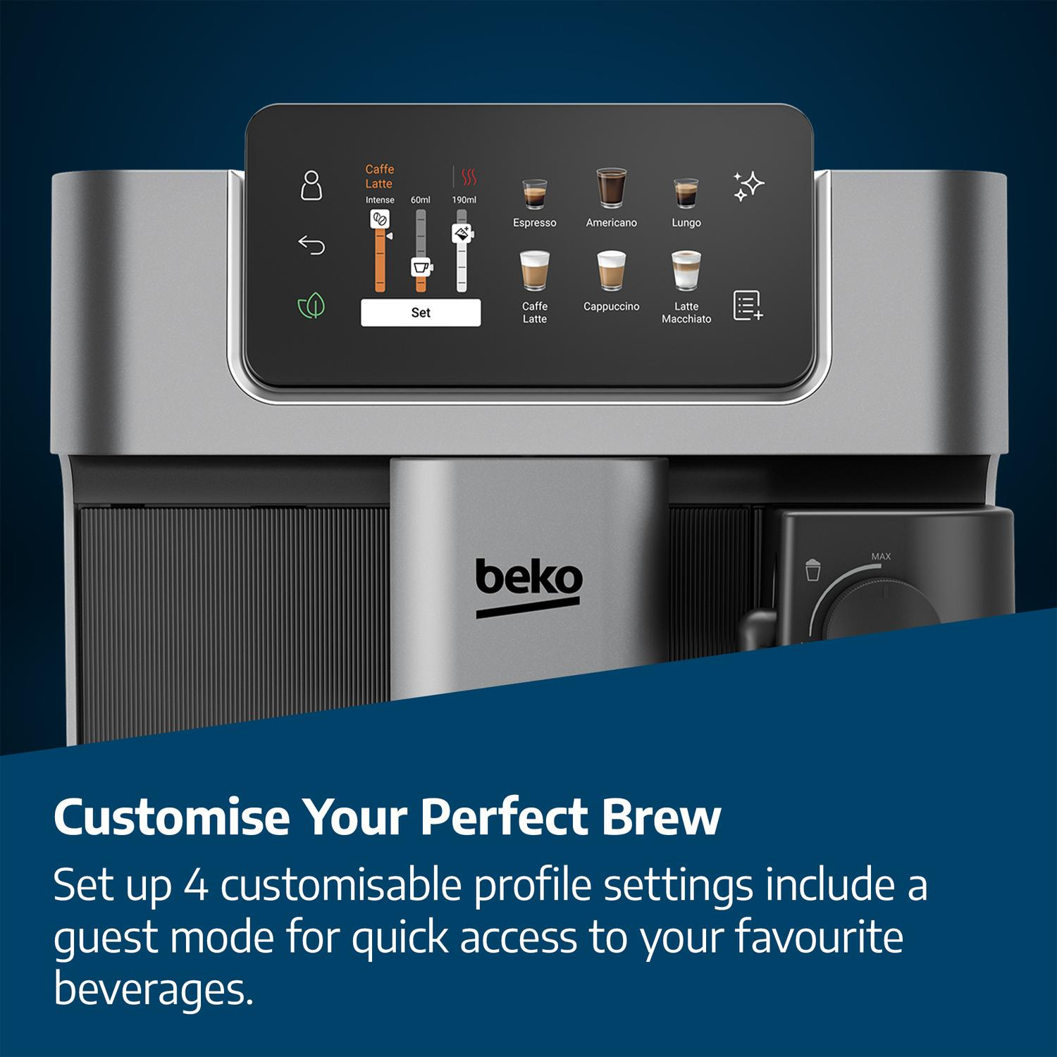 Side view of Beko CEG7348X CaffeExperto Bean to Cup Espresso Machine