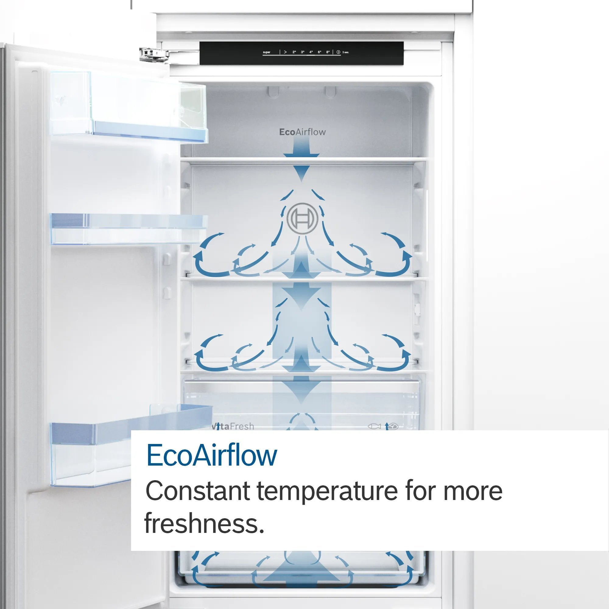 Side view of Bosch KUR21VFE0G BI 59.8cm Built Under Fridge - White