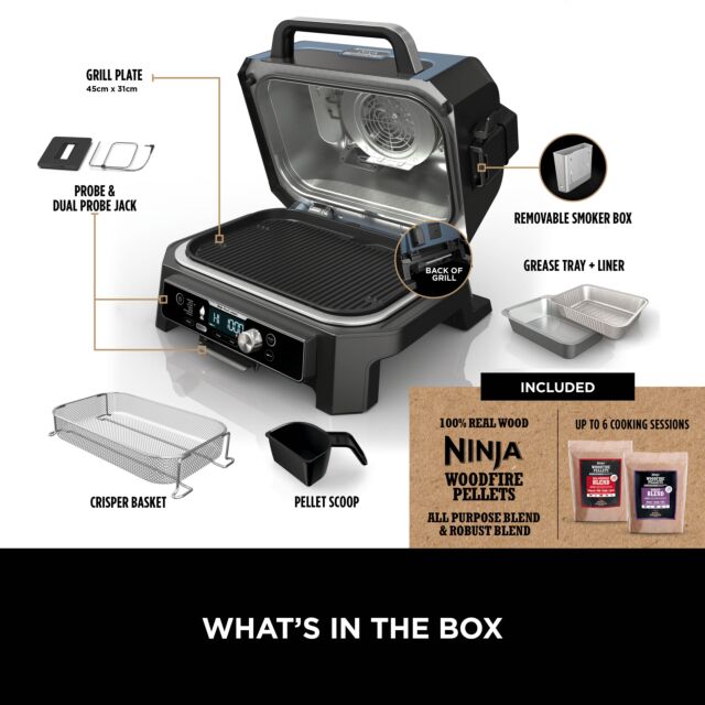 Ninja OG901UKCOVKIT Electric BBQ Grill & Smoker with Cover and Woodfire Pellets  - Black/Blue