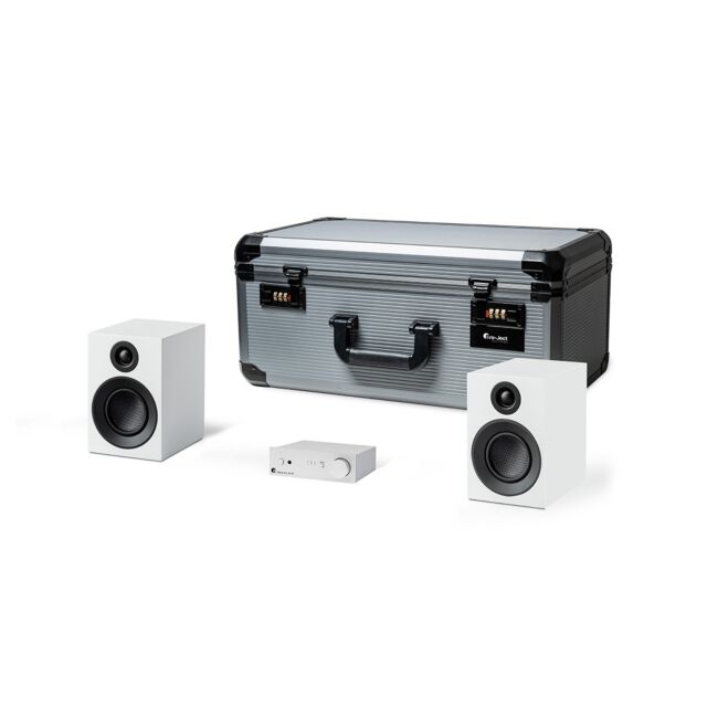 Pro-Ject Hifi Travel Set With Amp, Speakers and Cable with Durable flight case White