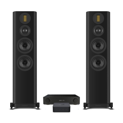 Arcam A15+ Integrated Amplifier With Wiim Pro Plus Streamer and Wharfedale EVO 5.4 Floorstanding Speakers Pair Bundle Black