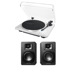 Audio-Technica AT-LP70XBT White Fully Automatic Bluetooth Turntable with AT-SP3X Black HiFi Bookshelf Speakers Bundle