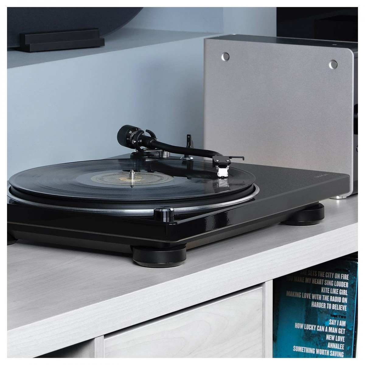 Side view of Denon DP400BKEM Turntable In Black