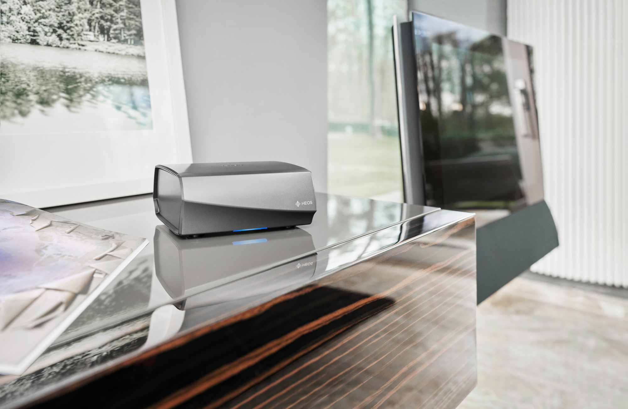 Side view of Denon HEOSLINKHS2 SRE2GB Amplifier - Gunmetal Silver