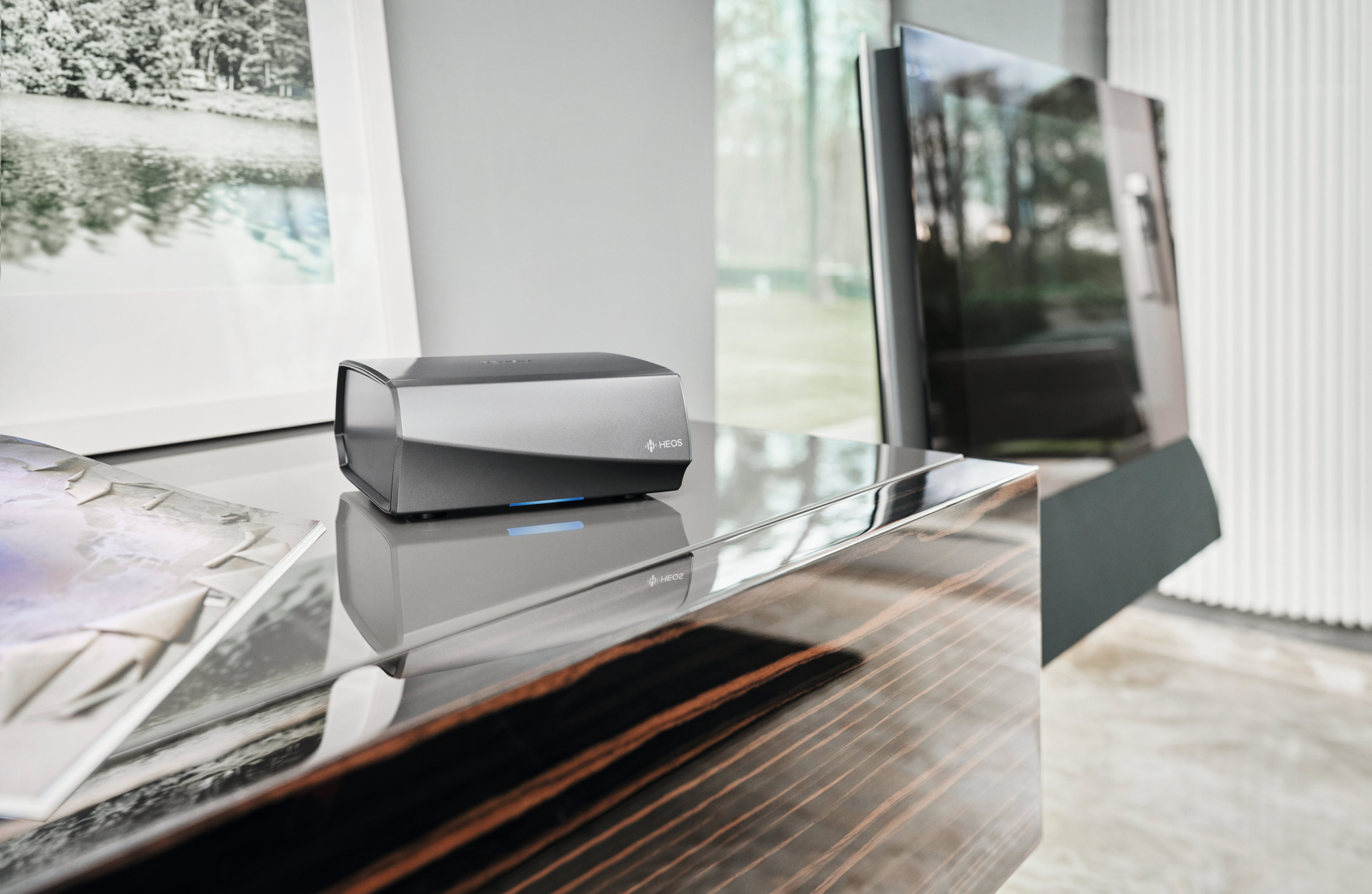 Side view of Denon HEOSLINKHS2 SRE2GB Amplifier - Gunmetal Silver