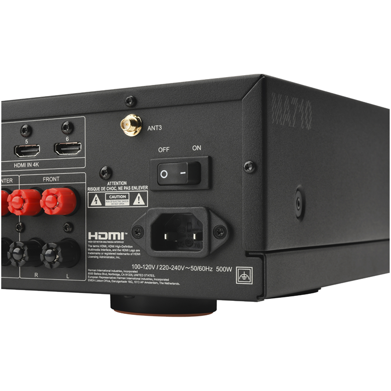 Side view of JBL MA710 7.2 Channel 8K Audio Video Premium Receiver in Black