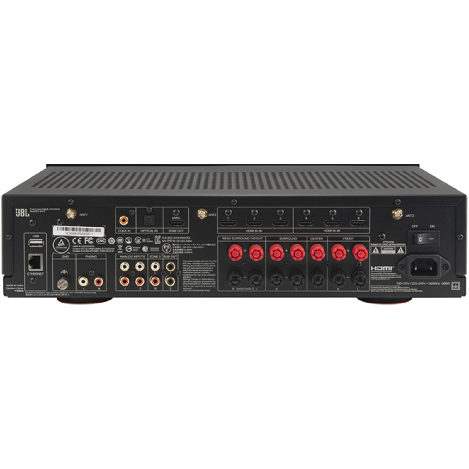 Side view of JBL MA710 7.2 Channel 8K Audio Video Premium Receiver in Black