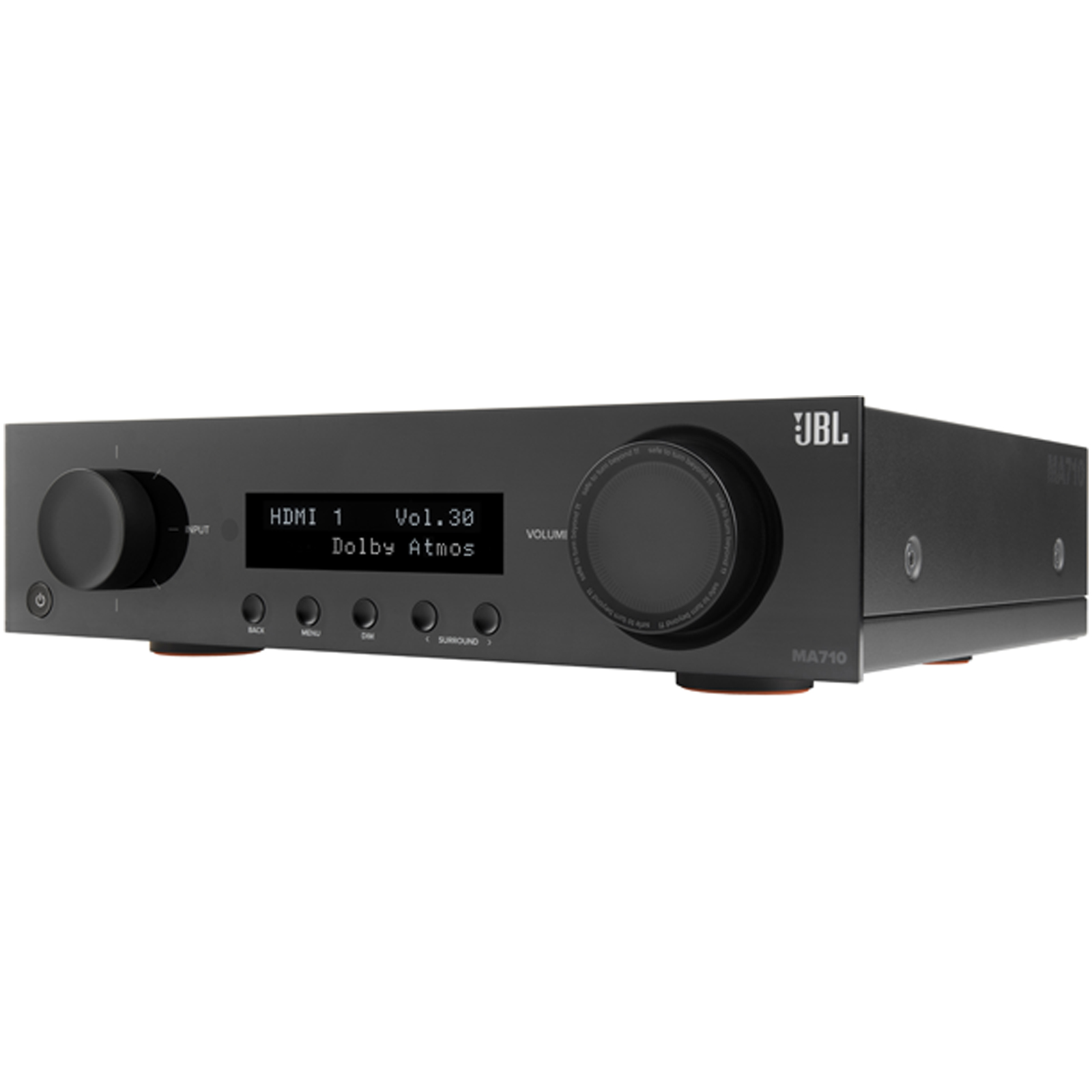 Side view of JBL MA710 7.2 Channel 8K Audio Video Premium Receiver in Black