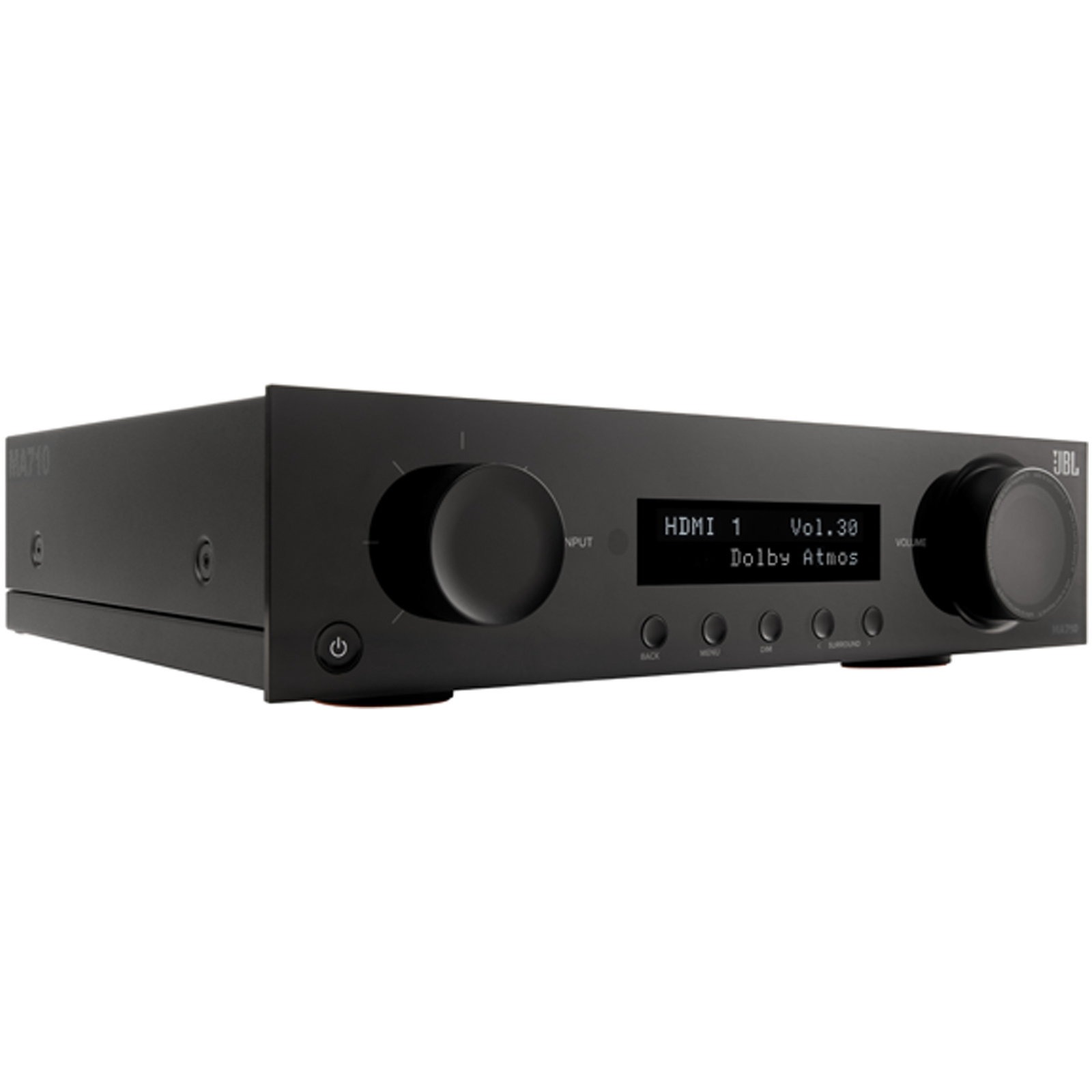 Side view of JBL MA710 7.2 Channel 8K Audio Video Premium Receiver in Black