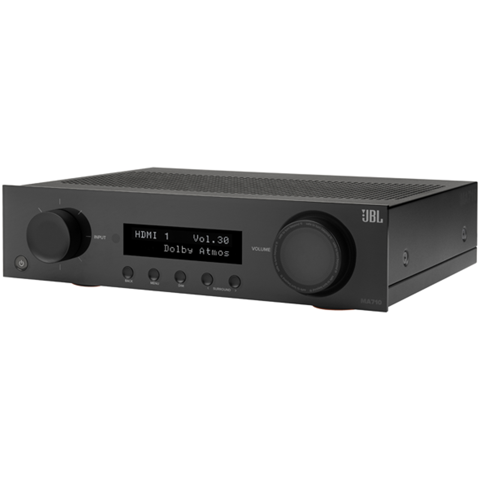 Side view of JBL MA710 7.2 Channel 8K Audio Video Premium Receiver in Black