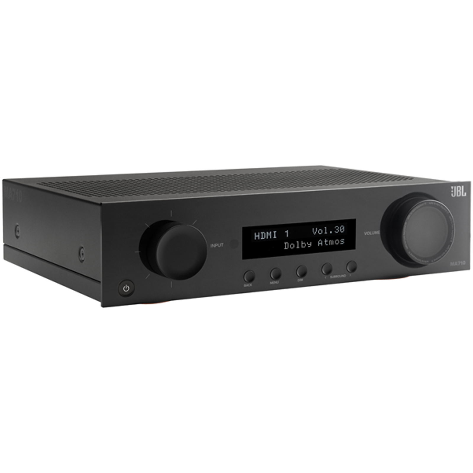 Side view of JBL MA710 7.2 Channel 8K Audio Video Premium Receiver in Black