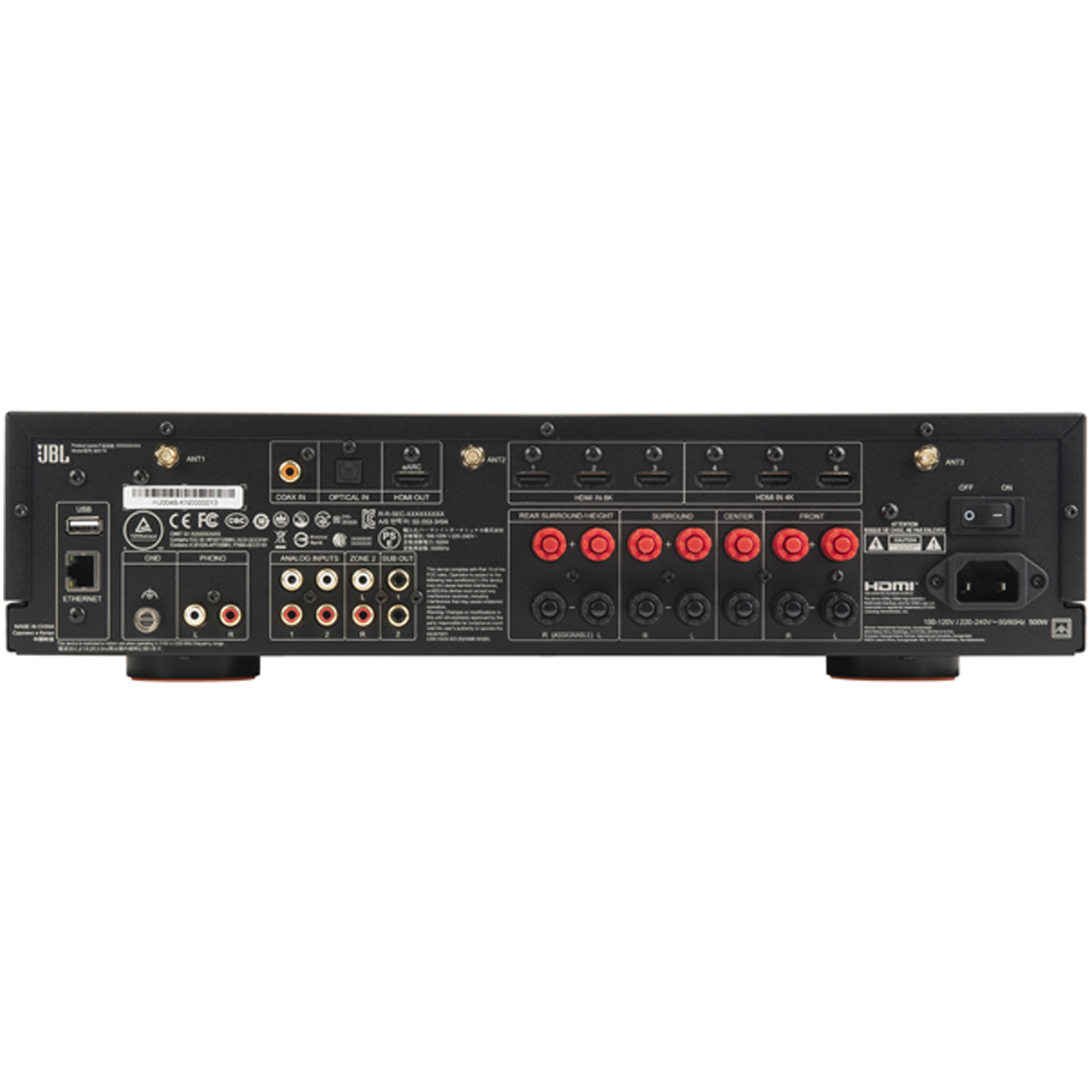 Side view of JBL MA710 7.2ch 8K AV Receiver in White