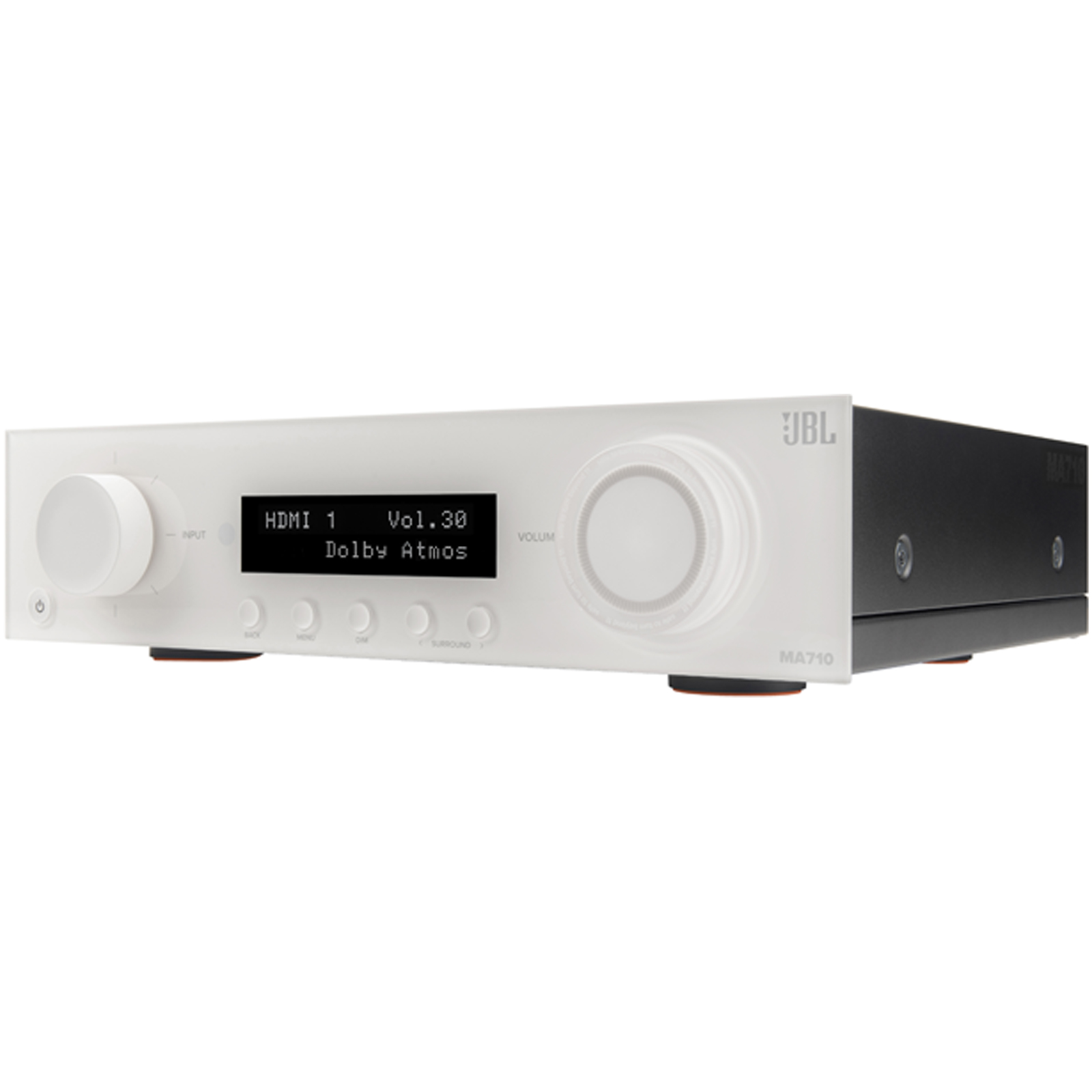 Side view of JBL MA710 7.2ch 8K AV Receiver in White