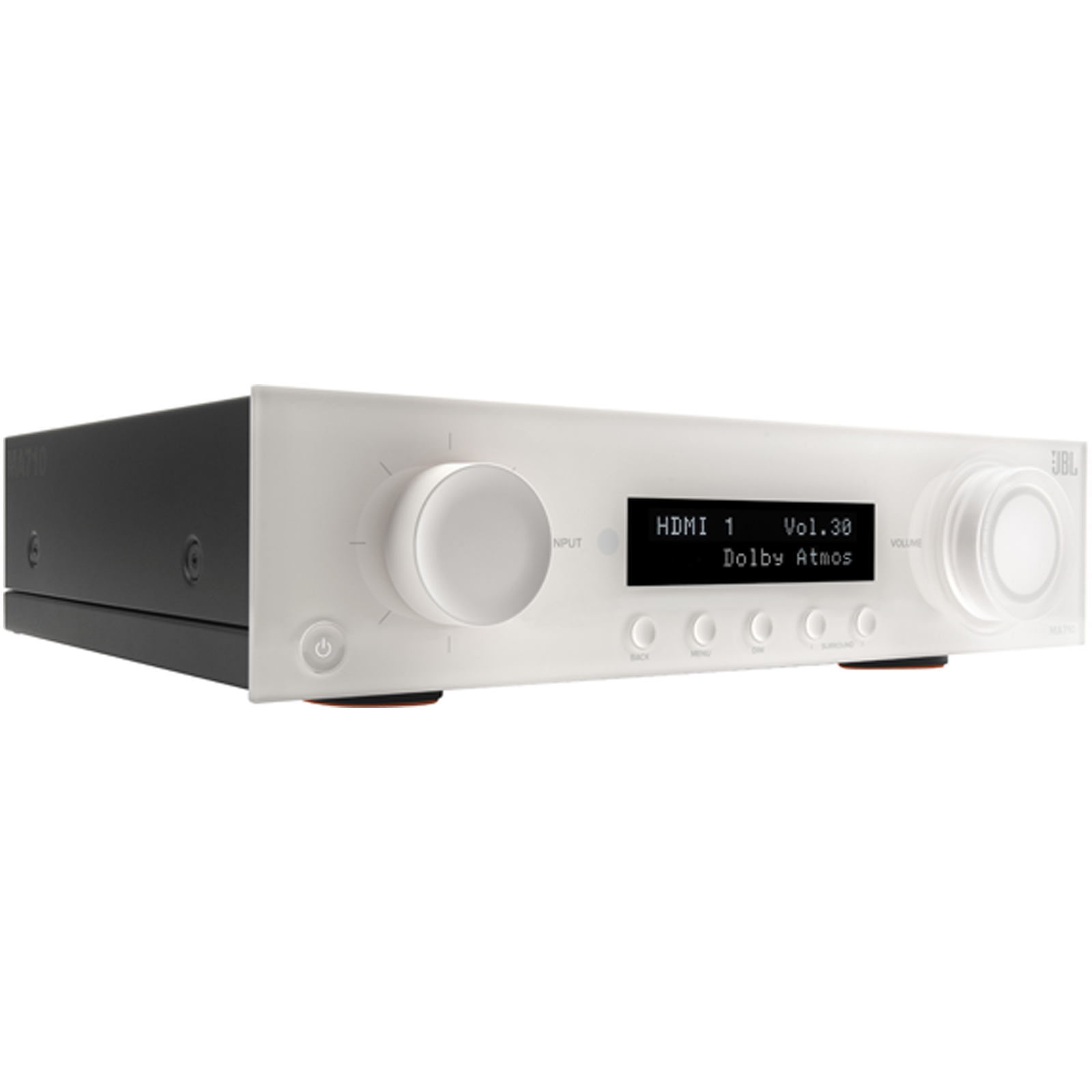 Side view of JBL MA710 7.2ch 8K AV Receiver in White