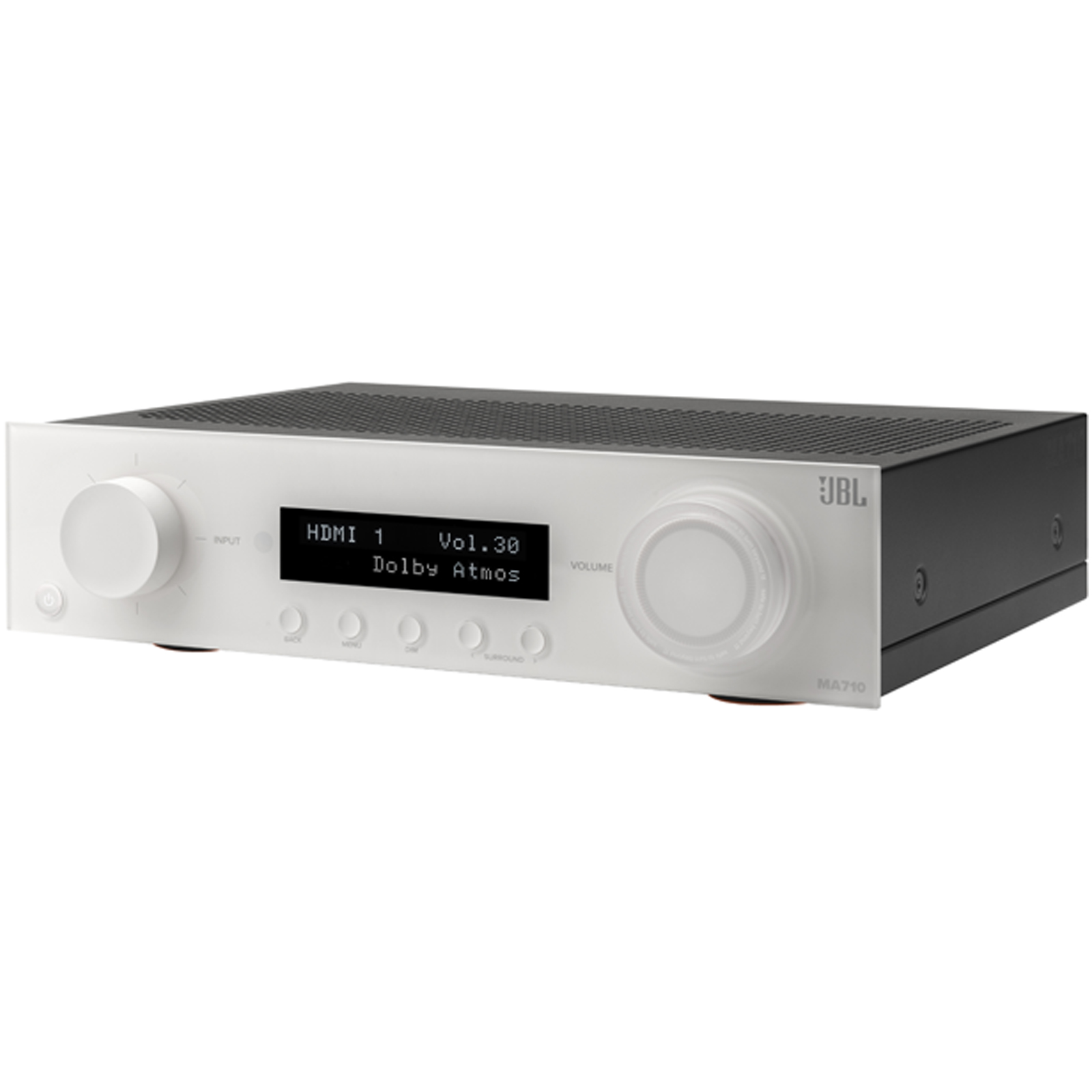 Side view of JBL MA710 7.2ch 8K AV Receiver in White