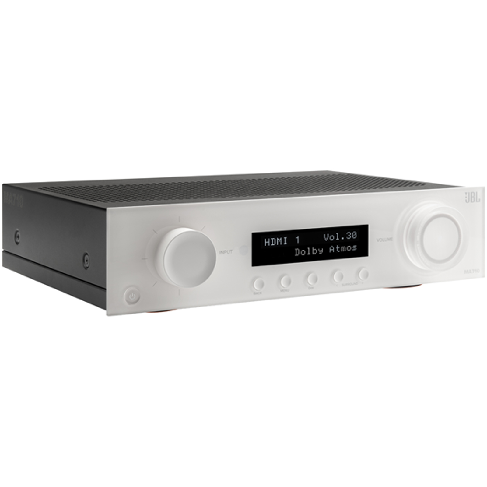 Side view of JBL MA710 7.2ch 8K AV Receiver in White