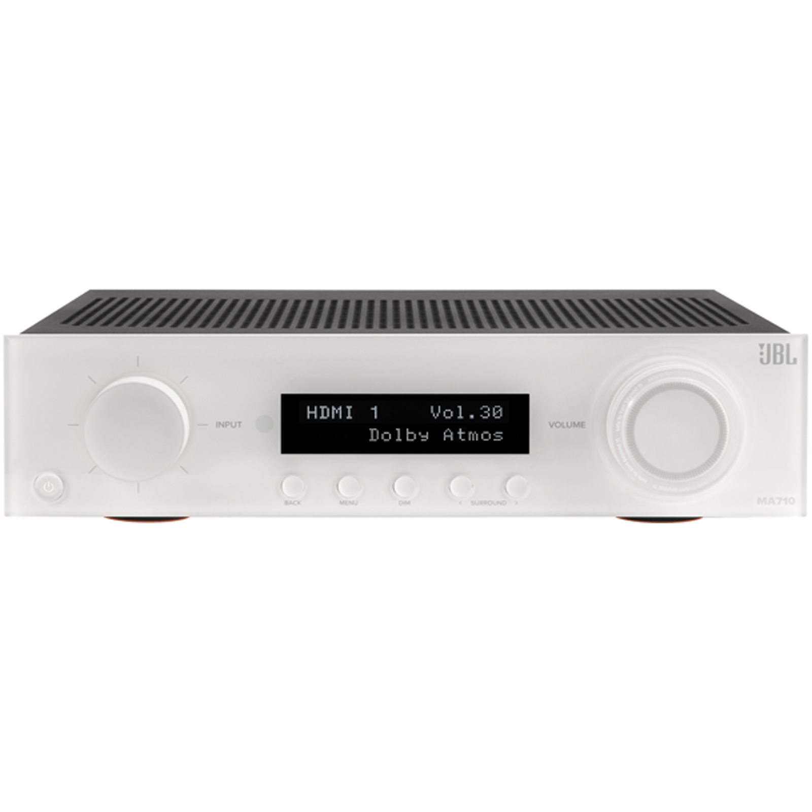 Side view of JBL MA710 7.2ch 8K AV Receiver in White