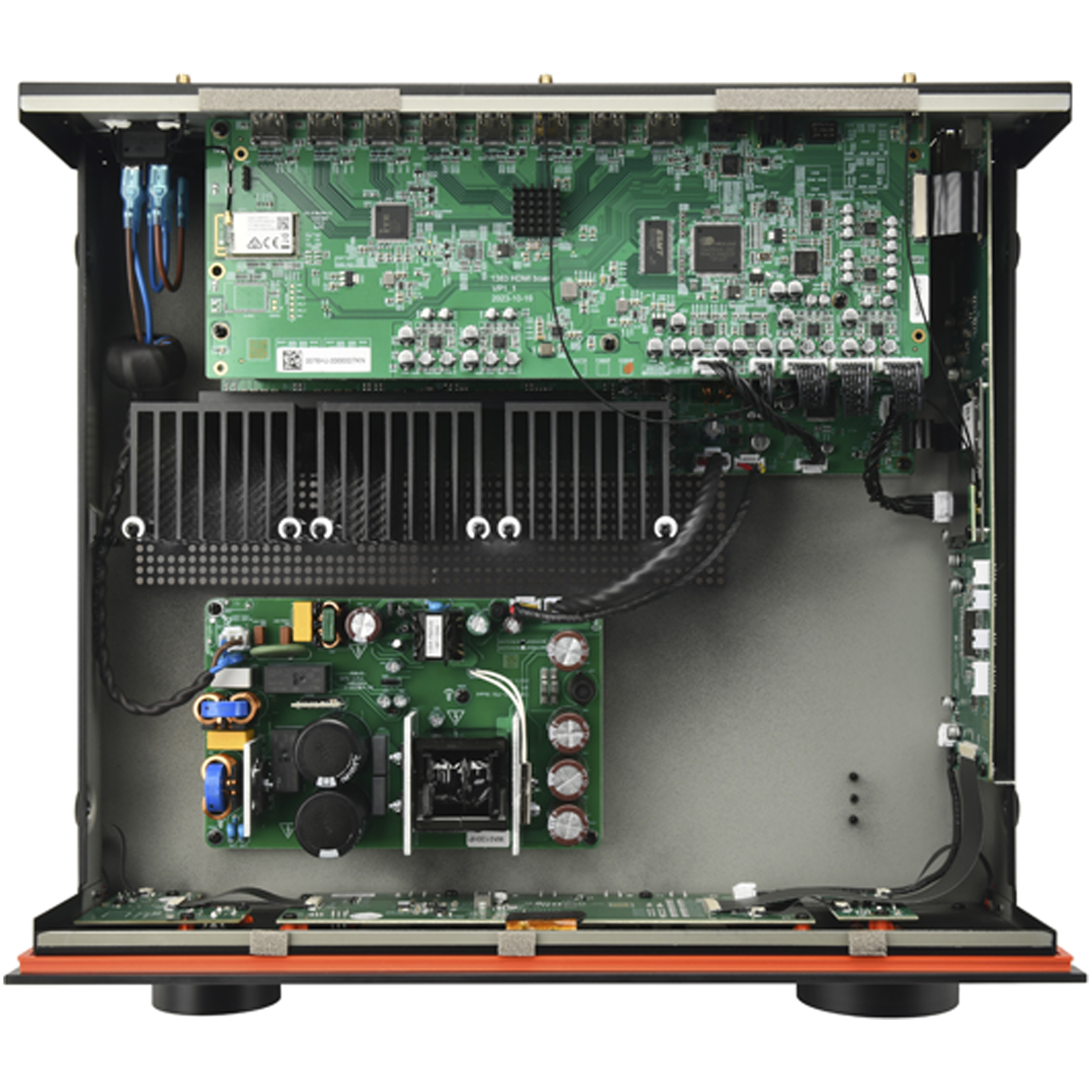 Side view of JBL MA9100HP 9.2 Channel 8K High Performance AV Receiver With HDMI 2.1 inputs, eARC support, and compatibility with 8K and 4K resolutions in Black