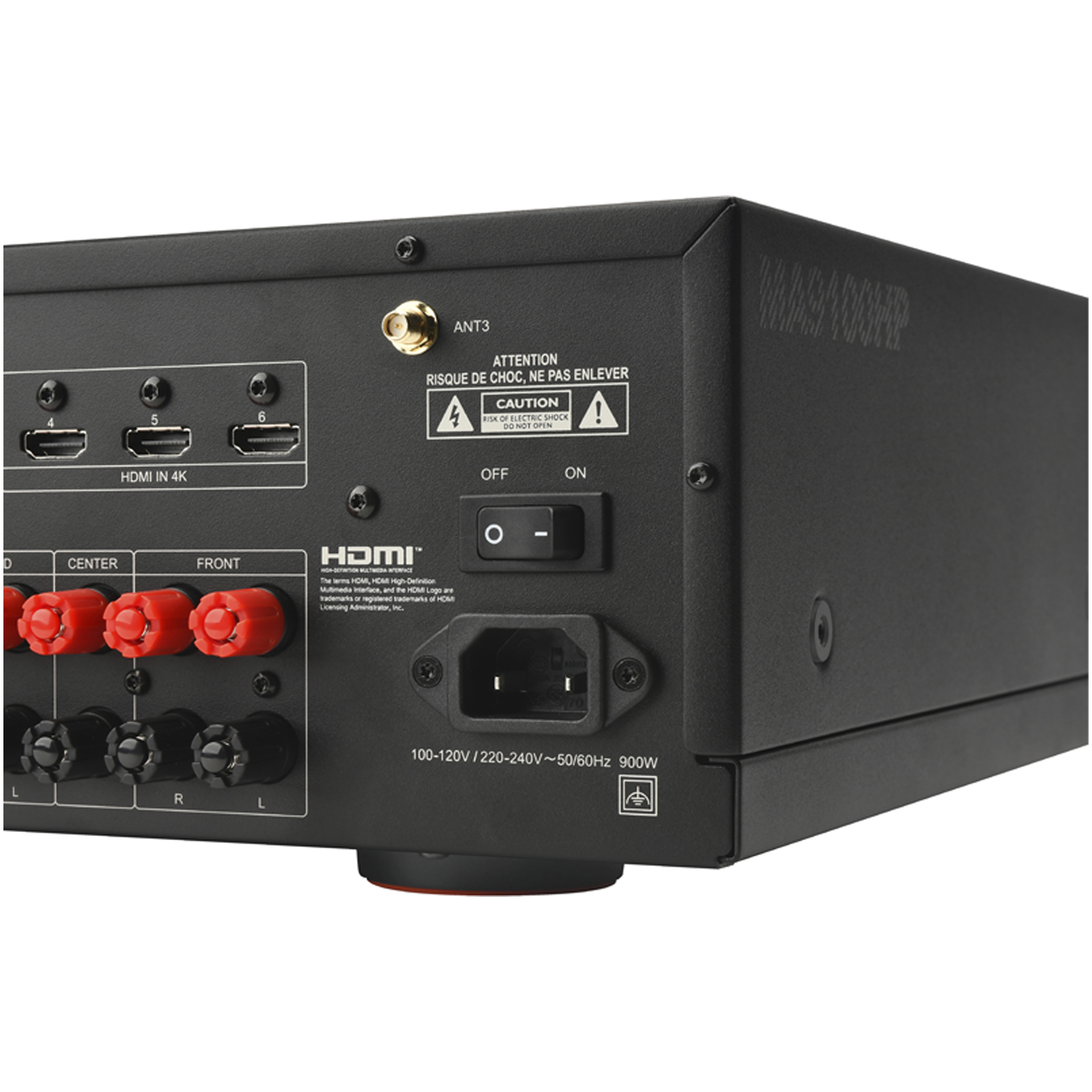 Side view of JBL MA9100HP 9.2 Channel 8K High Performance AV Receiver With HDMI 2.1 inputs, eARC support, and compatibility with 8K and 4K resolutions in Black