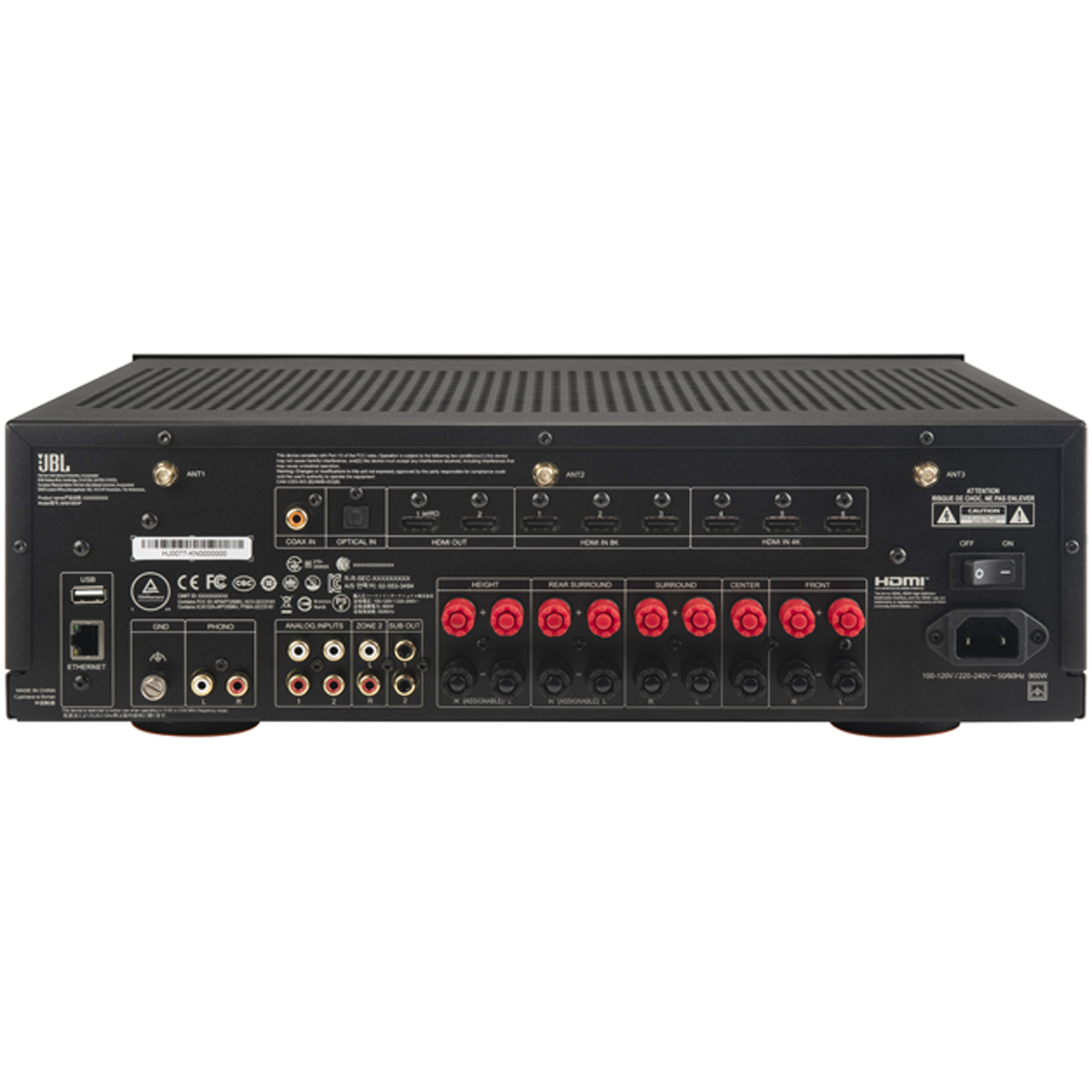 Side view of JBL MA9100HP 9.2 Channel 8K High Performance AV Receiver With HDMI 2.1 inputs, eARC support, and compatibility with 8K and 4K resolutions in Black
