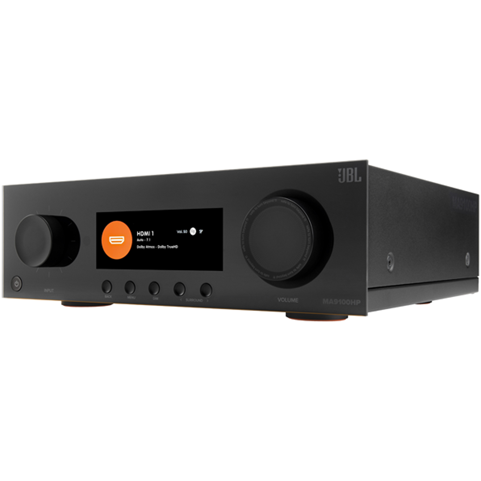 Side view of JBL MA9100HP 9.2 Channel 8K High Performance AV Receiver With HDMI 2.1 inputs, eARC support, and compatibility with 8K and 4K resolutions in Black