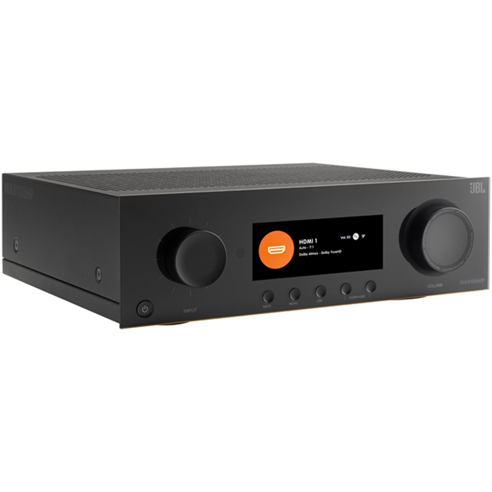 Side view of JBL MA9100HP 9.2 Channel 8K High Performance AV Receiver With HDMI 2.1 inputs, eARC support, and compatibility with 8K and 4K resolutions in Black