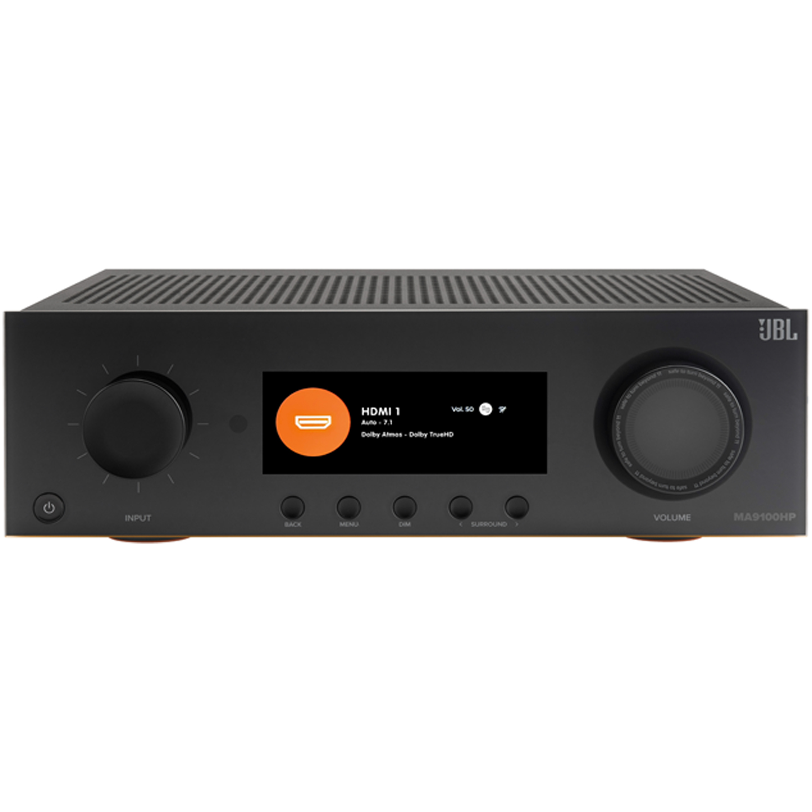 Side view of JBL MA9100HP 9.2 Channel 8K High Performance AV Receiver With HDMI 2.1 inputs, eARC support, and compatibility with 8K and 4K resolutions in Black