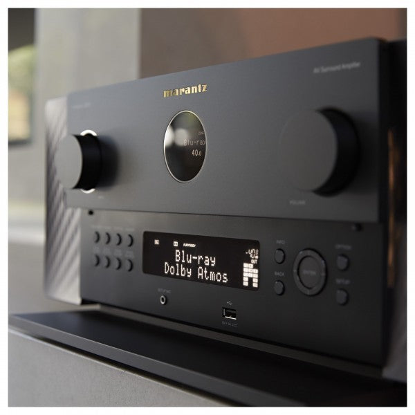 Side view of Marantz Cinema 30 Premium 11.4 Channel AV Receiver in Sleek Black
