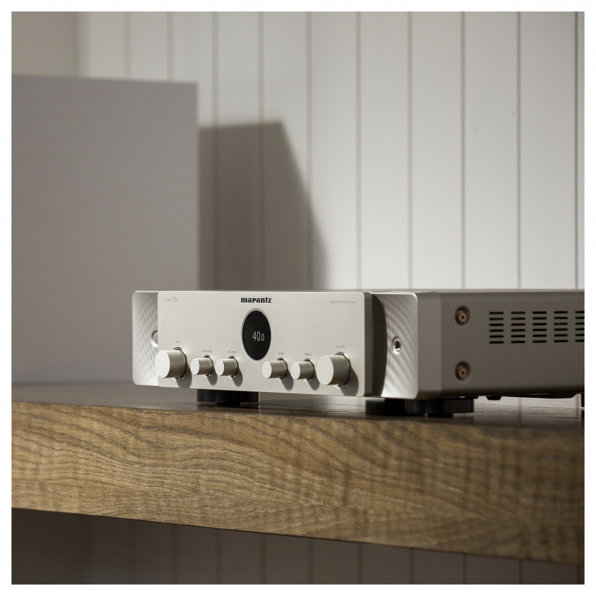 Side view of Marantz Stereo 70s Slimline Network Stereo Receiver in Silver Gold