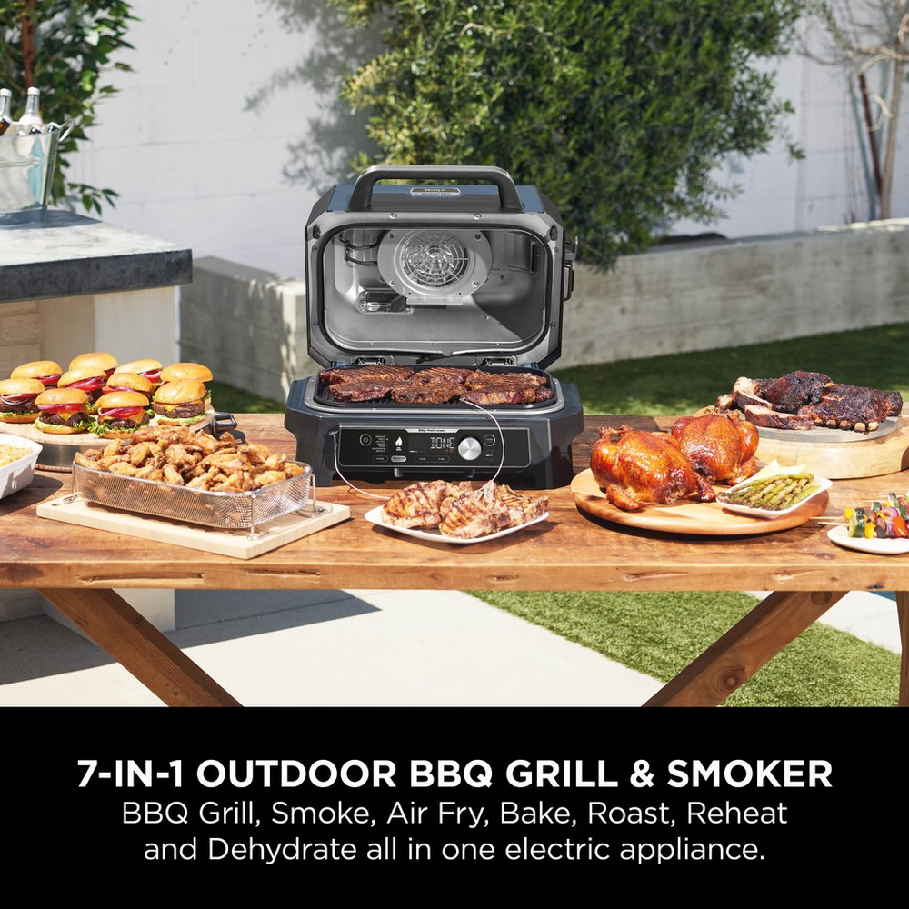 Side view of Ninja OG901UK Woodfire Pro Connect XL Electric BBQ Grill & Smoker - Black/Blue