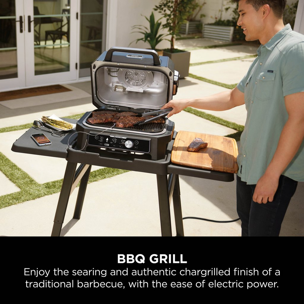 Side view of Ninja OG901UK Woodfire Pro Connect XL Electric BBQ Grill & Smoker - Black/Blue