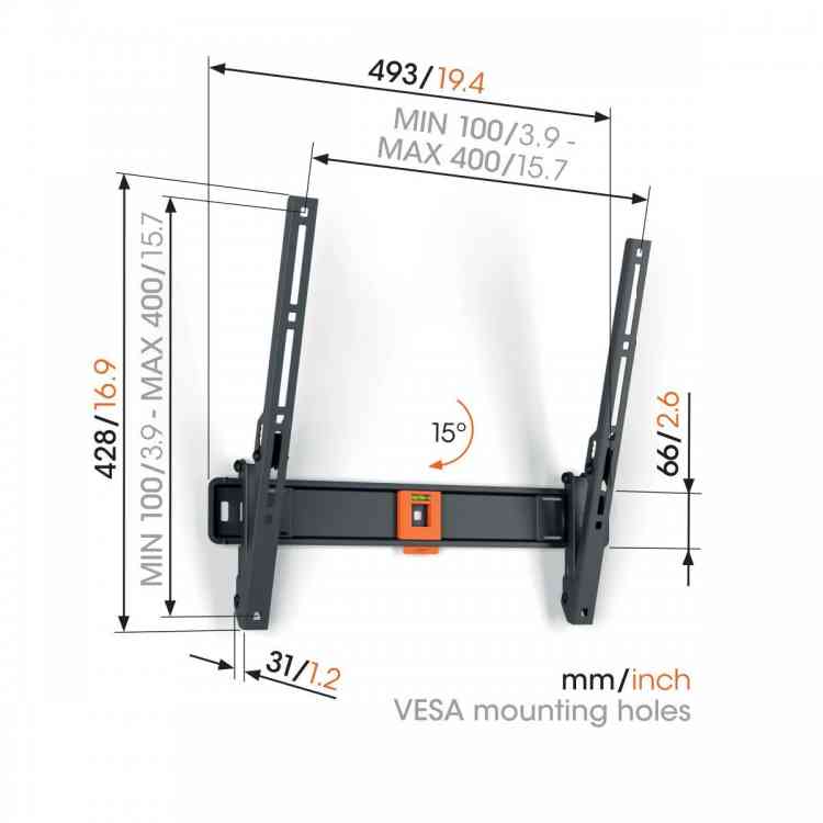 Side view of Vogels TVM1415 Quick Series Display Wall Mount, 32-65", Tilt