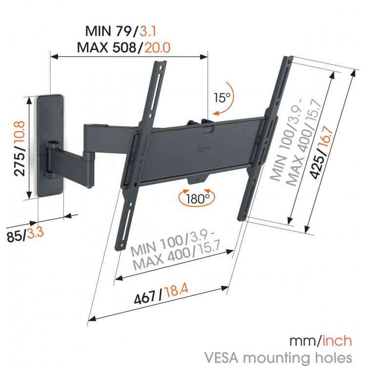 Side view of Vogels TVM1445 Quick Series Display Wall Mount, 32-65", Turn - Double Arm