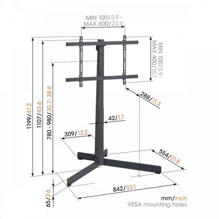 Side view of Vogels TVS3690 Comfort Series Display Floor Stand, 40-77", Stand Turn - Black