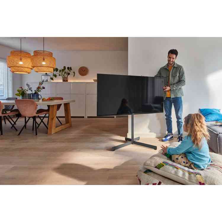 Side view of Vogels TVS3690 Comfort Series Display Floor Stand, 40-77", Stand Turn - Black